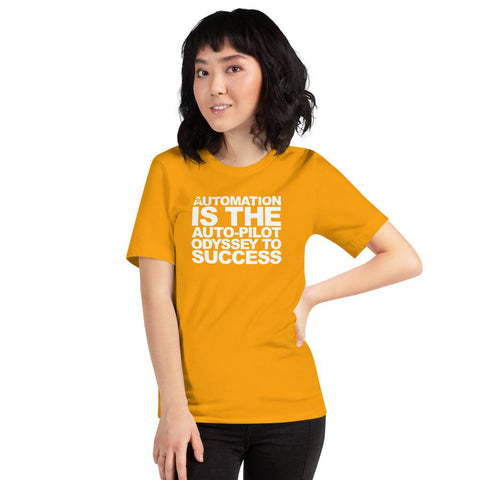 Image of A person with shoulder-length dark hair wearing a yellow Buteke t-shirt that reads "AUTOMATION IS THE AUTO-PILOT ODYSSEY TO SUCCESS" stands with one hand on their hip, embodying the spirit of streamlined communication and efficient task management.