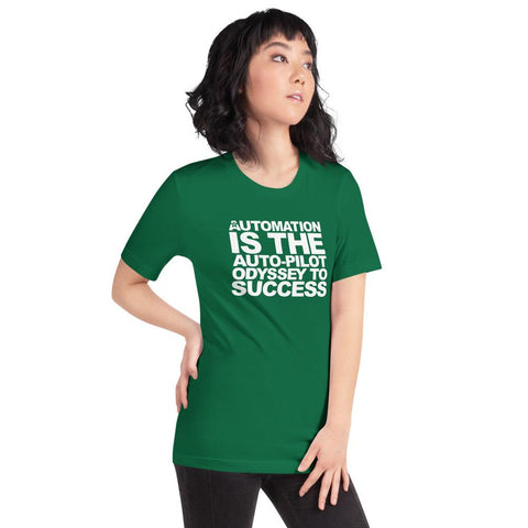 Image of A person wearing a green Buteke T-shirt with the product name “AUTOMATION IS THE AUTO-PILOT ODYSSEY TO SUCCESS” printed on it, symbolizing the importance of task management in streamlining communication for ultimate efficiency.