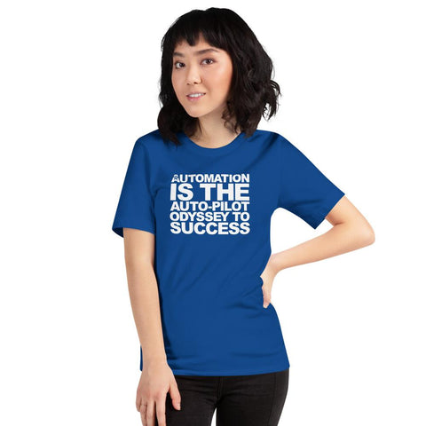 Image of A person sporting Buteke's blue t-shirt, emblazoned with "AUTOMATION IS THE AUTO-PILOT ODYSSEY TO SUCCESS" on the front, celebrates how automation streamlines communication.