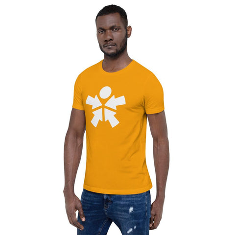 Image of A man wearing an orange Boss Uncaged t-shirt with a white symbol on it from the Boss Uncaged Store.