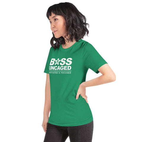 Image of A woman wearing a green t-shirt that says "Boss Uncaged Motivated and Focused" from Boss Uncaged Store.