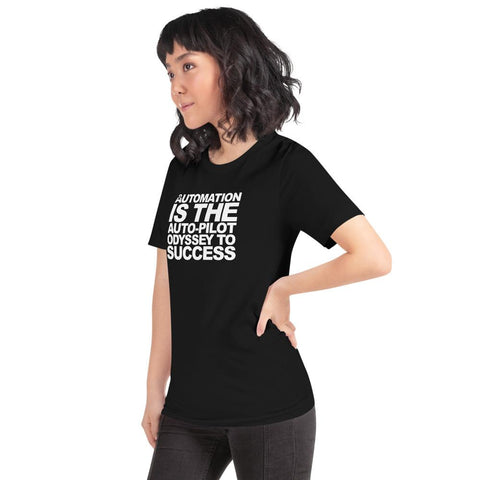 Image of A woman sporting a Buteke black T-shirt with white text stating "AUTOMATION IS THE AUTO-PILOT ODYSSEY TO SUCCESS," stands confidently with one hand on her hip, showcasing the effortless efficiency that automation brings to communication.