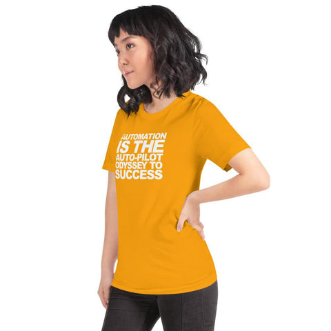 Image of A person with dark hair, wearing a yellow Buteke T-shirt featuring the text "AUTOMATION IS THE AUTO-PILOT ODYSSEY TO SUCCESS," stands against a white background, embodying the essence of streamlining communication for greater efficiency.