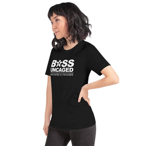 Image of A woman wearing a black t-shirt that says Boss Uncaged Motivated and Focused from the Boss Uncaged Store.