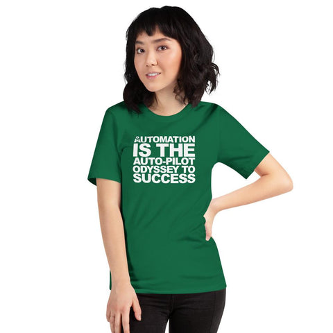 Image of An individual sporting a green Buteke t-shirt emblazoned with the phrase "AUTOMATION IS THE AUTO-PILOT ODYSSEY TO SUCCESS" in bold white letters stands confidently, one hand on their hip. The pose captures the spirit of how automation can seamlessly enhance communication and task management.