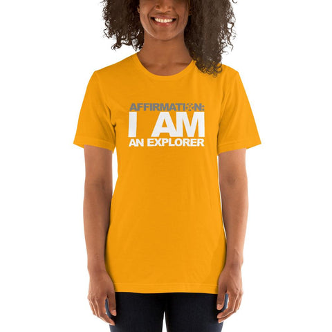 Image of A woman wearing a yellow t - shirt from Boss Uncaged Store that says "AFFIRMATION: 'I AM AN EXPLORER'.