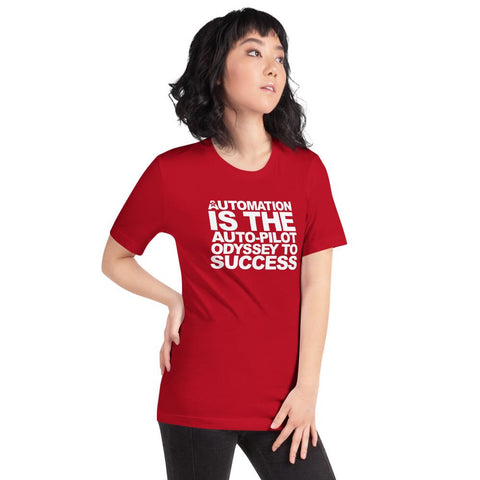 Image of Woman with hand on hip wearing a Buteke red T-shirt featuring the text "AUTOMATION IS THE AUTO-PILOT ODYSSEY TO SUCCESS" printed in large white letters, embodying the essence of task management.