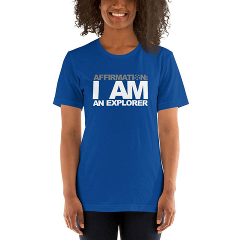 Image of A woman wearing a blue t-shirt that says "AFFIRMATION: I AM AN EXPLORER" from Boss Uncaged Store.