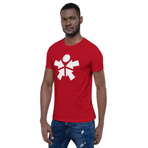Image of A man wearing a red "Boss Uncaged" t-shirt with a white cross on it from Boss Uncaged Store.