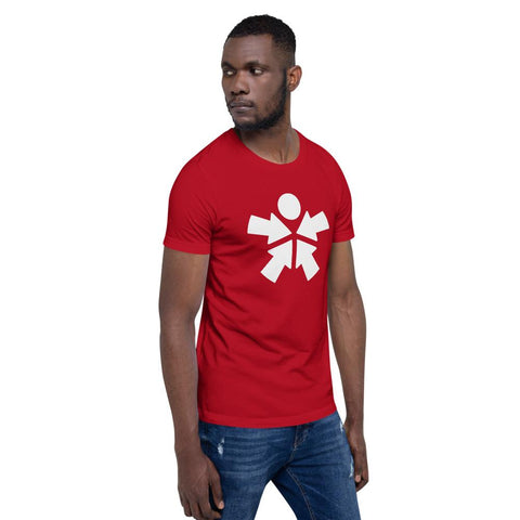 Image of A man wearing a red "Boss Uncaged" t - shirt with a white symbol on it from Boss Uncaged Store.