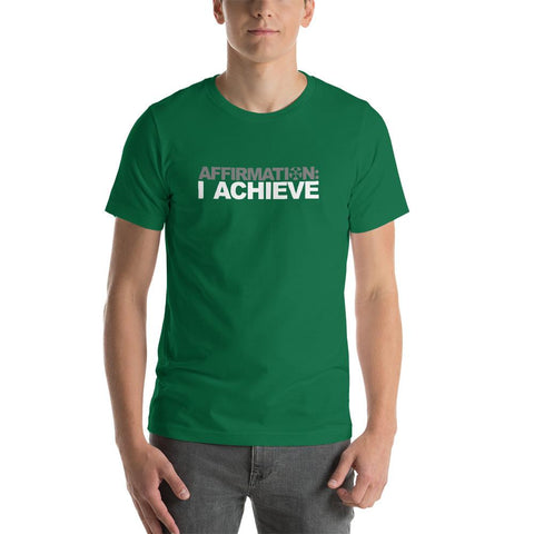 Image of A man wearing a green t-shirt that says "AFFIRMATION: 'I ACHIEVE'" from the Boss Uncaged Store.