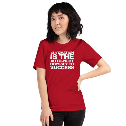 Image of A person wearing a Buteke red t-shirt with white text that reads, "AUTOMATION IS THE AUTO-PILOT ODYSSEY TO SUCCESS," showcasing their belief in how task management can streamline communication.