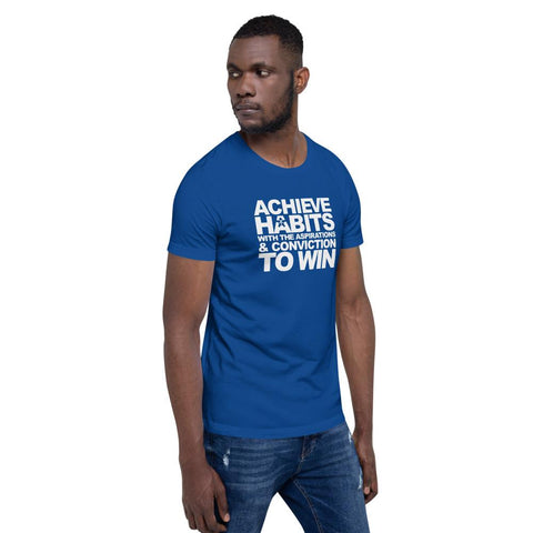 Image of A man wearing a blue t-shirt that says "ACHIEVE HABITS WITH THE ASPIRATIONS AND CONVICTION TO WIN." from Boss Uncaged Store is the way to win.