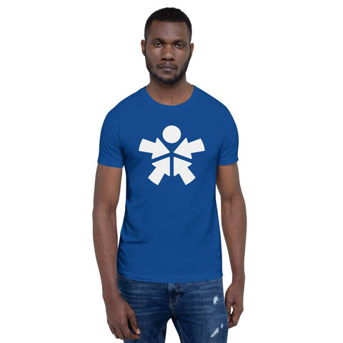 Image of A man wearing a blue "Boss Uncaged" t-shirt with a white symbol on it from the Boss Uncaged Store.
