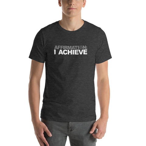 Image of A man wearing a black t - shirt from Boss Uncaged Store that says AFFIRMATION: “I ACHIEVE”.