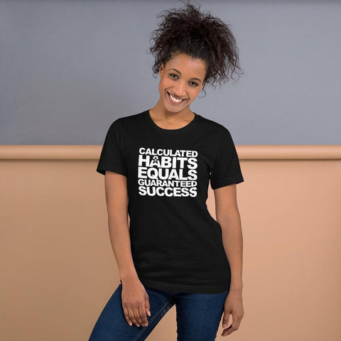 Image of A woman wearing a CALCULATED HABITS t-shirt by Buteke that says equality equals success.