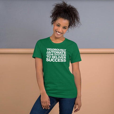 Image of Person in a green t-shirt from the Buteke brand, featuring the text "VIGOROUSLY AUTOMATE YOUR SYSTEMS TO DELIVER SUCCESS," standing and smiling against a neutral background, embodying the power of automation.