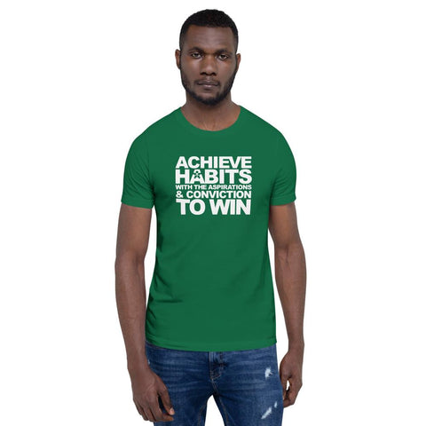 Image of A man wearing a green t-shirt that says "ACHIEVE HABITS WITH THE ASPIRATIONS AND CONVICTION TO WIN" from Boss Uncaged Store.