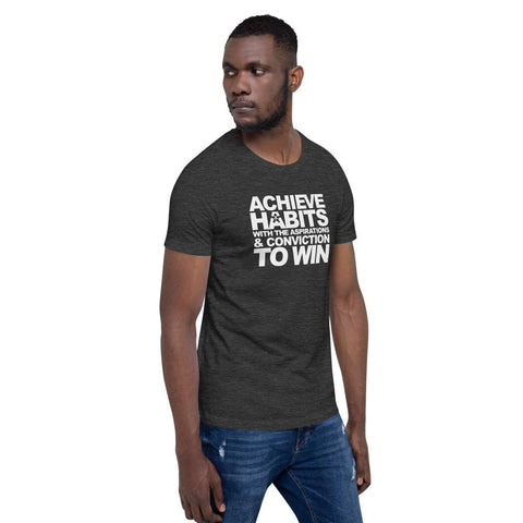 Image of A man wearing a black t-shirt that says "ACHIEVE HABITS WITH THE ASPIRATIONS AND CONVICTION TO WIN." from Boss Uncaged Store is the only way to win.