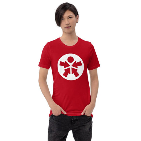 Image of A man wearing a red t-shirt with a white symbol of "Boss Uncaged Store" on it.
