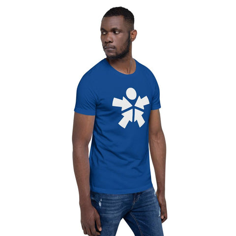 Image of A man wearing a blue t-shirt with a white symbol of "Boss Uncaged Store" on it.