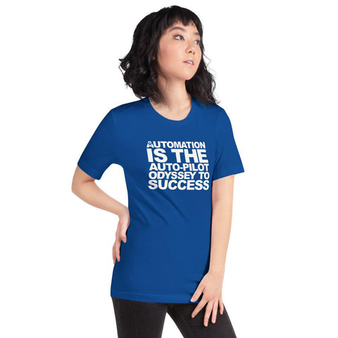 Image of A person stands with one hand on their hip, wearing a blue Buteke t-shirt that reads, "AUTOMATION IS THE AUTO-PILOT ODYSSEY TO SUCCESS." The streamlined communication and effective task management it offers bring efficiency to new heights.