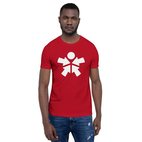 Image of A man wearing a "Boss Uncaged" red t-shirt with a white symbol on it from the Boss Uncaged Store.