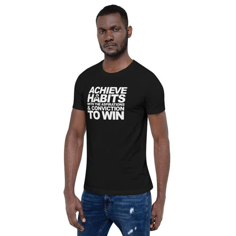 Image of A man wearing a black t-shirt that says "ACHIEVE HABITS WITH THE ASPIRATIONS AND CONVICTION TO WIN" by Boss Uncaged Store.