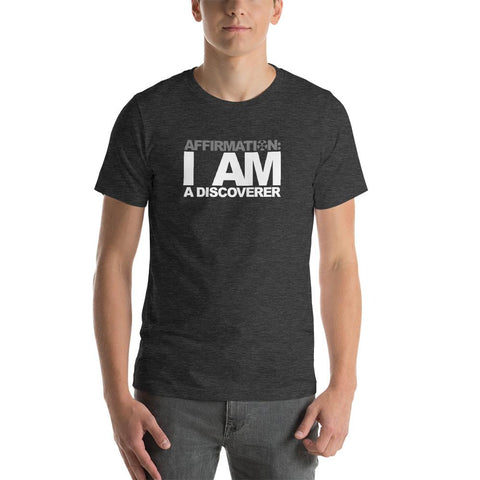 Image of A man wearing a t-shirt from Boss Uncaged Store that says "AFFIRMATION: I AM A DISCOVER.