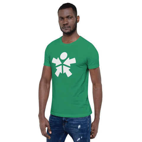 Image of A man wearing a green t - shirt with a white symbol of Boss Uncaged Store on it.