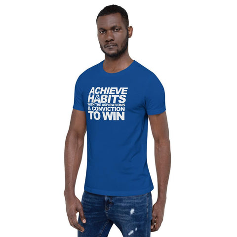Image of A man wearing a blue t-shirt that says "ACHIEVE HABITS WITH THE ASPIRATIONS AND CONVICTION TO WIN" from Boss Uncaged Store.