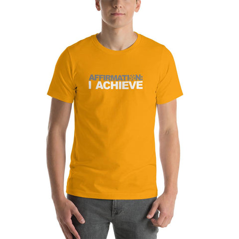 Image of A man wearing an orange t-shirt with the product name "AFFIRMATION: 'I ACHIEVE'" and brand name "Boss Uncaged Store".