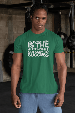 Image of A person with a serious expression stands in a gym, wearing a green T-shirt from Buteke that reads, "AUTOMATION IS THE AUTO-PILOT ODYSSEY TO SUCCESS.