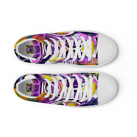 Image of A pair of Boss Uncaged Movement: Women’s high top Graffiti canvas shoes (Pink) from Boss Uncaged Store with a colorful design on them.