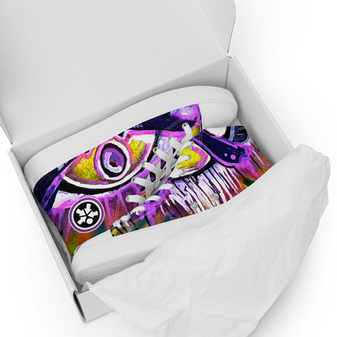 Image of A box with a pair of Boss Uncaged Store's Women’s high top Graffiti canvas shoes (Pink) in it.