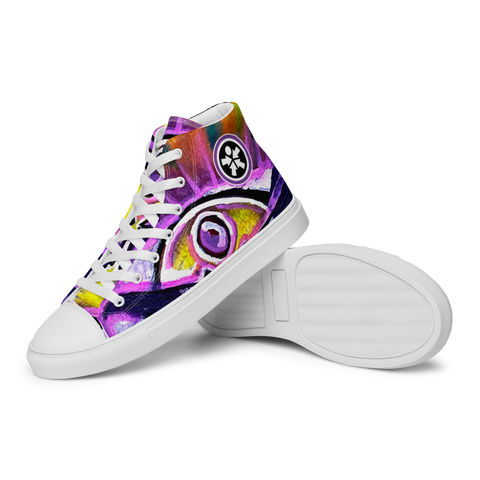 Image of A pair of colorful high top Boss Uncaged Movement: Women’s high top Graffiti canvas shoes (Pink) with a purple eye on them from Boss Uncaged Store.