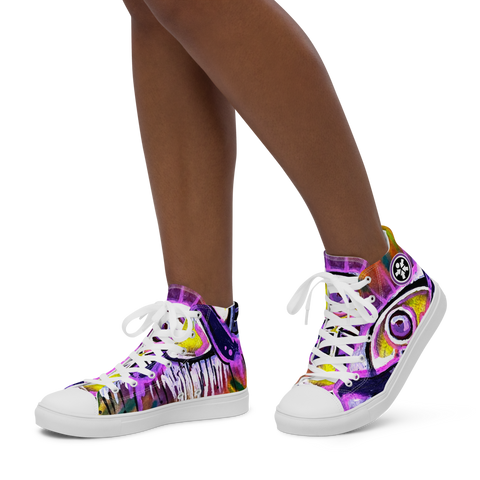 Image of A woman wearing a pair of colorful high top Boss Uncaged Movement: Women’s high top Graffiti canvas shoes (Pink) from the Boss Uncaged Store.