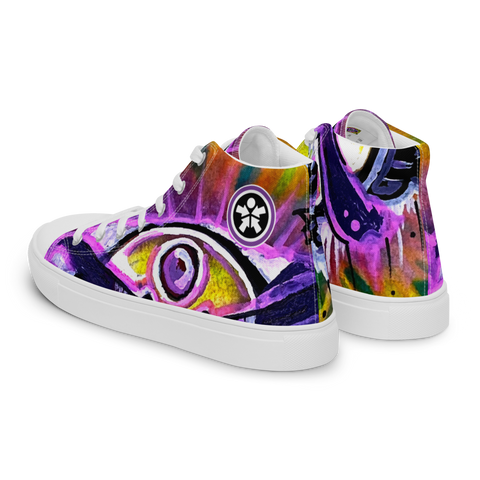 Image of A pair of colorful high top Boss Uncaged Movement: Women’s high top Graffiti canvas shoes (Pink) with an eye on them from Boss Uncaged Store.