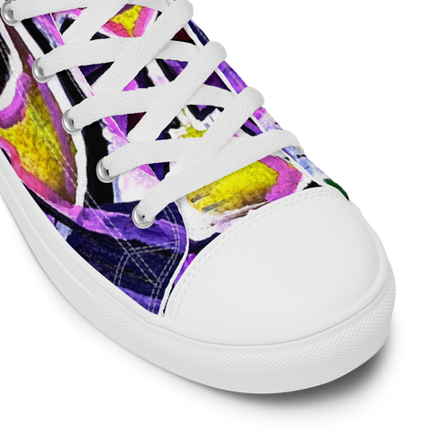 Image of A pair of The Boss Uncaged Movement: Women's high top Graffiti canvas shoes (Pink) from Boss Uncaged Store with a colorful design on them.