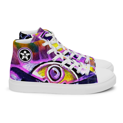 Image of A pair of colorful high top Boss Uncaged Movement: Women's high top Graffiti canvas shoes (Pink) with an eye on them.